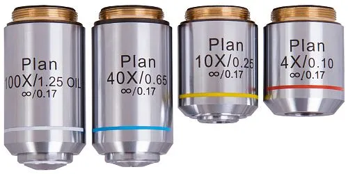 a fotón:  Levenhuk MED 1000 plan objektívkészlet, 4x, 10x, 40xs, 100xs (olaj),  1