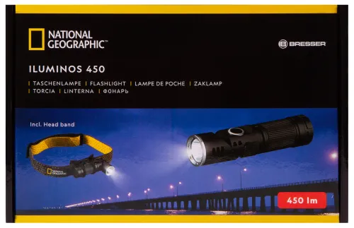 a fényképen:  Bresser National Geographic ILUMINOS 450 LED zseblámpa fejpánttal,  12