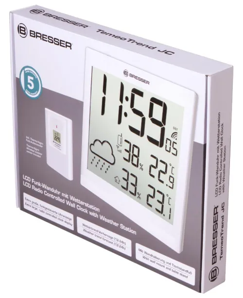 a fotón:  Bresser TemeoTrend JC LCD RC időjárás állomás (falióra), fehér,  10