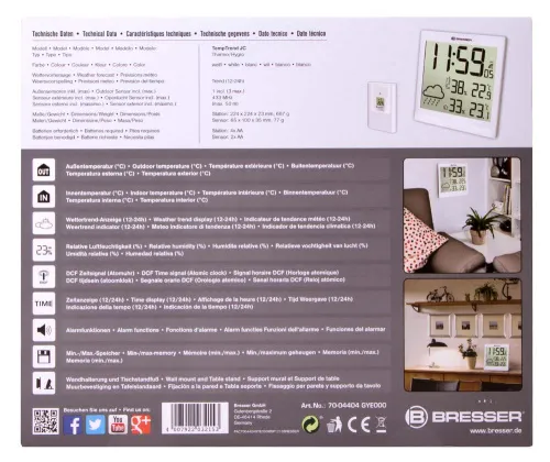 a fotón:  Bresser TemeoTrend JC LCD RC időjárás állomás (falióra), fehér,  12
