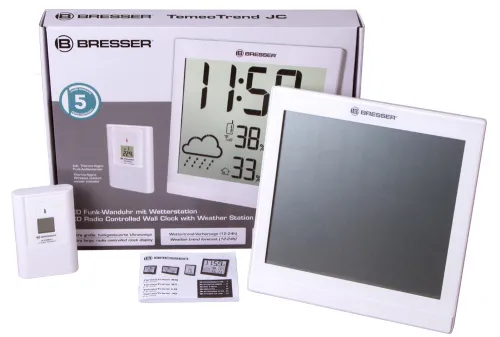 a fotón:  Bresser TemeoTrend JC LCD RC időjárás állomás (falióra), fehér,  2