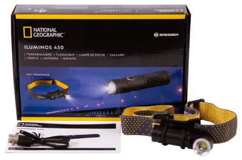 a fényképen:  Bresser National Geographic ILUMINOS 450 LED zseblámpa fejpánttal,  2