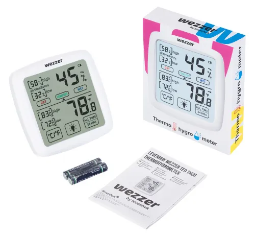 a fényképen:  Levenhuk Wezzer Teo TH30 hőmérséklet- és páratartalom-mérő,  2