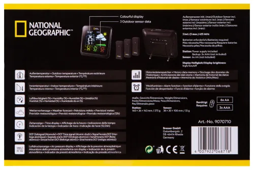 a fotón:  Bresser National Geographic VA színes időjárás állomás 3 kültéri érzékelővel,  16