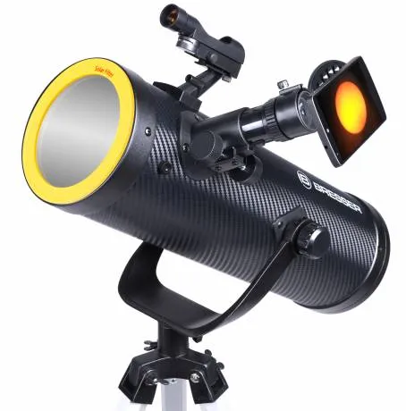 a fényképen:  Bresser Solarix 114/500 teleszkóp napszűrővel,  2