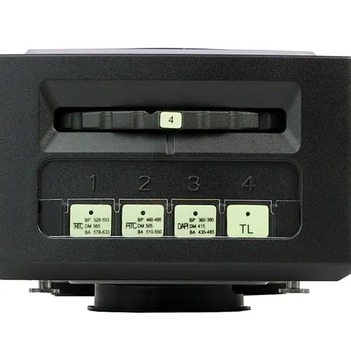 a fényképen:  MAGUS Epi-FL04 LED Epi-fluoreszcens tartozék, fluoreszcens szűrőkockák FITC/ TRITC/DAPI,  9