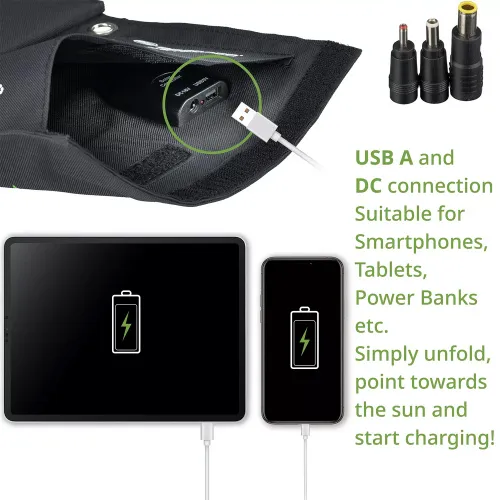 a fényképen:  Bresser 21 Wattos mobil napelemes töltő, USB-vel,  6