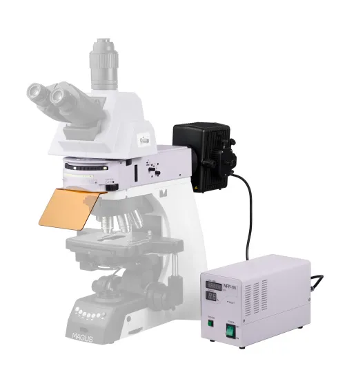 a fényképen:  MAGUS Epi-FL06 Epi-fluoreszcens tartozék, higanylámpa, fluoreszcens szűrőkockák В/G/UV/V/R/FITC/TRITC/DAPI,  16