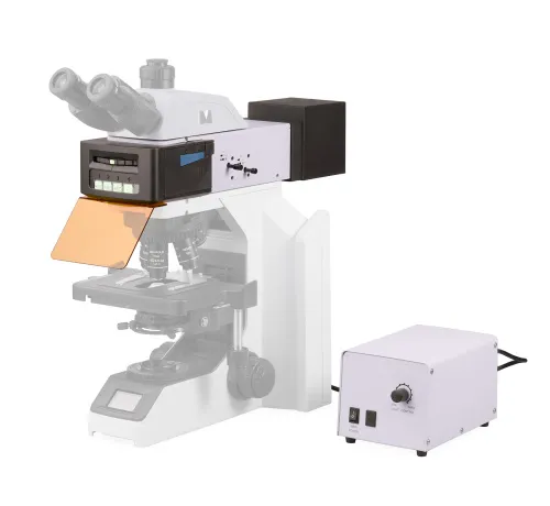 a fényképen:  MAGUS Epi-FL04 LED Epi-fluoreszcens tartozék, fluoreszcens szűrőkockák FITC/ TRITC/DAPI,  10