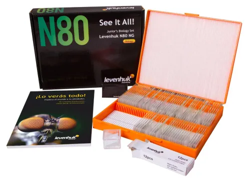 a fényképen:  Levenhuk N80 NG „Láss mindent!” tárgylemezkészlet,  2