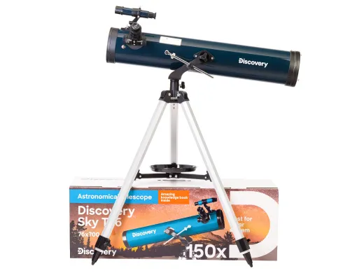 a fényképen:  Levenhuk Discovery Sky T76 teleszkóp könyvvel,  2